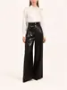 Pantalones retro de cuero PU de color negro transfronterizos para mujer, estilo chica popular de la calle, pantalones de pierna ancha de color liso desgastados para mujer, envío directo de una pieza