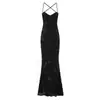 Vestido Longo Elegante e Sexy de Renda Jacquard Estilo Francês Romântico de Alta Qualidade com Costas Abertas, Amarração, Estrutura Interna e Alças Finas