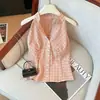Camisa sin mangas con cuello y cuello halter, diseño de verano plisado ajustado, top elegante para chicas calientes, cuadros retro, mangas extralargas