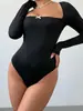 Venda Quente Europeia e Americana Outono 2026 Nova Sexy Hot Girl Laço Desejo Puro Gola Quadrada Manga Longa Body
