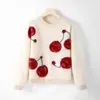 Nuevo Top de Punto Cálido de Lana Pura para Otoño e Invierno Estampado de Cerezas Suéter Cepillado Cuello Redondo Holgado Aspecto Adelgazante y Amigable con la Piel