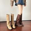 Botas Largas para Mujer 2026 Otoño e Invierno Botas de Mezclilla con Tacón Grueso, Botas Vintage Plegadas Apiladas, Botas de Ante Bootcut, Botas Largas Color Caqui