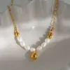 Dazan Atacado Em Estoque Europeu e Americano Transfronteiriço Vintage Banhado a Ouro 18K Aço Titânio Pérola de Água Doce Natural Pingente de Gota Corrente Colar