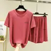 Camiseta de Seda de Gelo de Manga Curta para Mulheres Verão 2026 Novo Estilo Solta Casual Gola Redonda Conjunto Fino Slimming Visual Cor Lisa Conjunto de Duas Peças