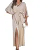 Vestido Amazon 2025 Novo Elegante e Sexy de Cintura Alta com Decote V Fenda Cor Sólida Solto