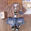 Ropa de Moda para Niños Niños, Conjunto de Tres Piezas de Camisa a Cuadros Estampada de Verano, Ropa para Niños, Atuendo Casual para Combinar Diariamente