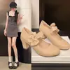 Zapatos de mujer de punta redonda con tacón grueso, nuevo estilo 2026, zapatos Mary Jane de tacón medio delicados, zapatos de tacón alto de mujer con lazos, zapatos versátiles para mujer