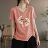 Comércio Exterior Transfronteiriço Novo Estilo Chinês Camiseta de Manga Curta Solta Tamanho Grande Meninas Cheinhas Cobrindo a Barriga Escondendo Gordura Emagrecimento Top Irregular