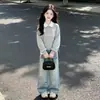 Conjunto de Dos Piezas para Niñas Estilo Coreano Dulce con Encaje, Cuello Polo, Sudadera con Capucha, Dibujo Animado Lindo, Jeans