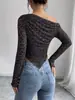 Top cruzado nuevo retro de leopardo, hombros descubiertos, manga larga, entallado a la cintura, adelgazante, hombros descubiertos, dobladillo irregular con volantes, camiseta corta