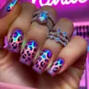 Uñas Portátiles con Estampado de Leopardo Multicolor y Forma Cuadrada Europea, Estilo Chica Hot, Estampado de Patrón Degradado Morado, Uñas Postizas Removibles