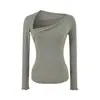 Top Sexy Francés Delgado Chica Caliente Diseño Femenino Elástico Ajustado Capa Base Irregular Asimétrico Cuello Manga Larga Camiseta