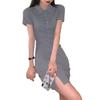 Vestido T-shirt Esportivo e de Lazer com Lapela e Elegante, Saia-Calça Camisa Hugging French com Fenda, Doce e Ousado