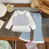 [En Stock] Ct262472 Conjunto Infantil 2026 Primavera Top Floral, Jeans de Tirantes Color Sólido, Conjunto de Tres Piezas