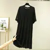 Nuevo Vestido Coreano de Verano 2024 para Mujer de Longitud Media, Holgado y Versátil, de Manga Corta y Cuello Redondo, Camisón con Falda de Color Sólido para Mujer