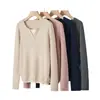 Suéter Feminino Outono/Inverno 100% Caxemira Gola Redonda Canelado Falso Duas Peças Emagrecedor Bloco de Cores Tricô Camada Base