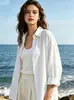 Nova Camisa Casual de Cor Sólida Plus Size para Primavera e Outono Camisa Elegante de Manga Longa com Botão de Algodão e Linho Feminina Europeia e Americana