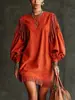Vestido corto de estilo étnico multicolor, versátil, ajustado, con borlas y mangas de farol, superventas transfronterizo europeo y americano, para mujer, para el trabajo, vacaciones.