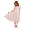 Vestido de Princesa Rosa de Malla con Hombros Descubiertos, Flores 3D y Cinturón para Niñas, de Longitud Media, Transfronterizo Europeo y Americano