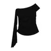 Love and Nancy Trece Líneas Verano 2026 Estilo Coreano Tencel Lino Hombro Asimétrico Cinta Cuello Drapeado Plisado Corte Ajustado Camiseta para Mujer 04562