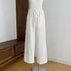 Calças Casuais Largas de Ramie com Pregas e Pernas Retas para Mulheres, Calças Longas Finas de Verão com Cordão, Estilo Corte Reto Branco