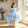 Vestido de noite longo com cauda para menina, mangas bufantes com rosa 3D, barra larga, saia fofa, aniversário de menina, apresentação de piano, atacado