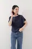 Camisa de Gasa con Costuras de Manga Murciélago de Cuello Redondo Suelta Nueva de Verano para Mujer, Camiseta Top Casual Dulce Japonesa y Coreana Versátil