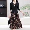 Vestido Longo Patchwork de Moda Falso Duas Peças com Manga Longa Estilo Primavera 2025 Emagrecedor de Comprimento Médio para Mães