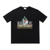 High Street Europeo y Americano Marca de Moda RHUDE Atardecer Cara Redonda de Corazón Impresión de Letras Nuevas Oversize Holgada Camiseta de Manga Corta