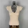 Camiseta de Punto Sexy Caliente para Mujer, Cuello en V Profundo, Manga Corta Elástica, Verano, Color Sólido Simple, Delgada, Versátil, Elegante, Moderna
