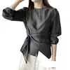 Camisa suéter coreana chic asimétrica ligeramente transparente de cuello redondo 2026 primavera y otoño elegante estilo francés de manga larga ajustada