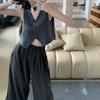 Chaleco Interior Negro sin Mangas Estilo Tweed Verano Look Adelgazante Top Exterior Corto y Pantalón Conjunto de Dos Piezas