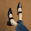 Nova Coleção Primavera 2025 Sapatos de Salto Alto com Salto Bloco Bico Fino Boca Rasa com Fivela Sapatos Femininos Moda Estilo Europeu e Americano