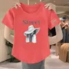 E-commerce Transfronteiriço~Camiseta de Manga Curta Redutora de Idade com Etiqueta Cortada de Alta Qualidade para Mulheres Verão Solta Gola Redonda Estampada Irregular Camiseta para Mulheres