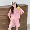 Conjunto Curto para Meninas, Cor Sólida Estilo Verão, Roupa Esportiva Moderna e Descolada para Meninas, Conjunto Duas Peças Casual Soltinho Estilo Coreano para Crianças Maiores e Estudantes