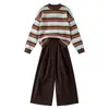 Nueva colección de otoño 2026 para niñas: suéter de punto a rayas, atuendo casual y versátil, estilo primavera y otoño, conjunto de pantalones para niños de talla mediana y grande