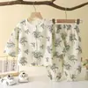 Novo conjunto de pijama de gaze de algodão de camada dupla para crianças, adequado para meninos e meninas, roupa para ar condicionado de primavera e verão, conjunto fino e respirável para bebês