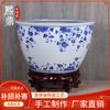 Venta al por mayor de pecera de cerámica de Jingdezhen, pecera plana de cerámica celadón con flor de peonía, pintura de pergamino y caligrafía, decoración de artesanías de pecera