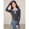 Polo de punto de manga larga de color contrastante estilo coreano para mujer, nueva llegada de principios de otoño, top interior ajustado
