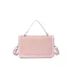 Bolsa pequena quadrada color block estilo coreano com alça de ombro removível, aba com letras e design casual, adequada para carregar na mão ou no ombro