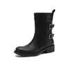 Hebilla de Cinturón de Doble Fila Estilo Coreano Botas Martin Vaqueras Cuero Genuino Botines Tobillo Redondos Chunky Tacón Medio Versátiles para Mujer Otoño Invierno 2026
