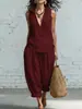 Terno de Linho Feminino para Exportação: Conjunto Casual de Duas Peças para Primavera/Verão: Blusa sem Mangas com Gola V e Calça Wide Leg com Cintura Elástica