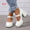 Juyuan productos en stock desean comercio exterior nuevo estilo moda europeo y americano talla grande tacón grueso punta cuadrada hebilla zapatos de vestir de moda para mujer
