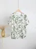 Camiseta de Manga Corta con Cuello en V y Estampado Floral de Algodón y Seda, Nueva de Verano 2025, Suelta Casual para Casa