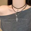 Colar Cruzado de Contas Multicamadas Retrô para Mulheres Estilo Punk Escuro Corrente de Clavícula Empilhada Acessórios Milênio Sexy Y2K
