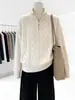 Suéter de Lã 100% com Gola Alta e Meio Zíper, Estilo Old Money, para Mulheres, Tricô Trançado, Suéter Casual Macio com Base de Caxemira