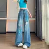Calça Jeans Larga Rasgada Estilo Retrô Americano com Grafite Splash-Ink 2026 Verão Versátil Feminina de Cintura Alta Solta Emagrecedora Longa