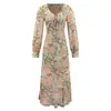 Vestido longo elegante estilo francês vintage estampado, gola redonda, cintura com amarração, manga longa, novo outono, cintura alta, corte justo, para férias, para mulheres