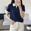 26 Verano Nuevo Estilo Algodón Puro Color de Contraste Tejido Manga Corta Cuello Camisero Estilo Coreano Bloque de Color Simple Versátil Moderno Top para Mujer