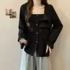 66635 Foto real, precio real Blusa francesa de cuello cuadrado con volantes para mujer, diseño único, top elegante de manga larga